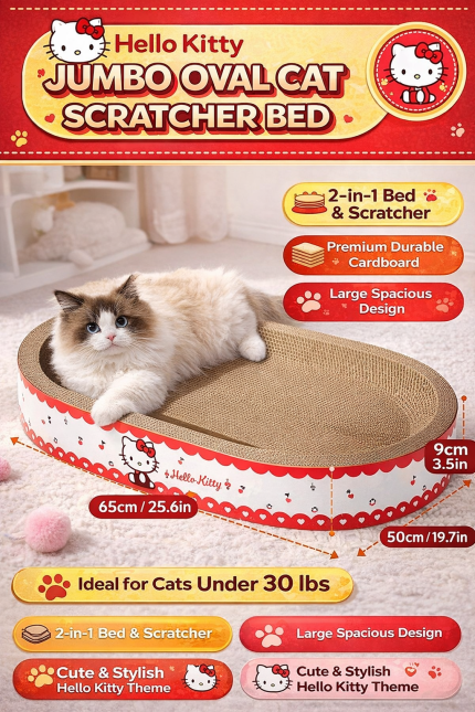 cat lying on cardboard scratcher bed with red edge