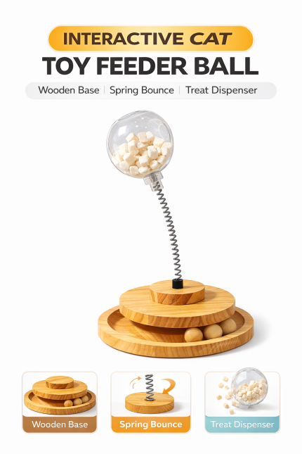 interactive spring cat toy with wooden base and ball