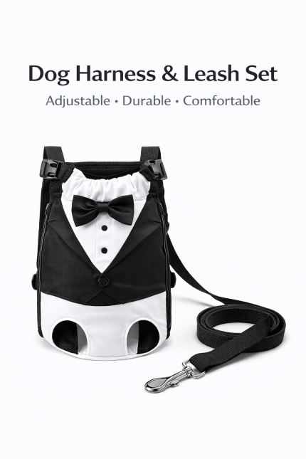 dog tuxedo harness vest with leash worn by small dog blue white formal outfit