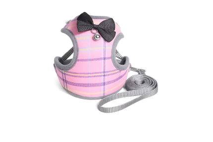 pink plaid dog harness vest tuxedo style with leash for small dogs