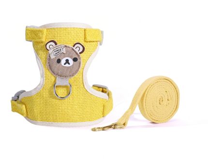 yellow dog harness vest with teddy bear design and leash